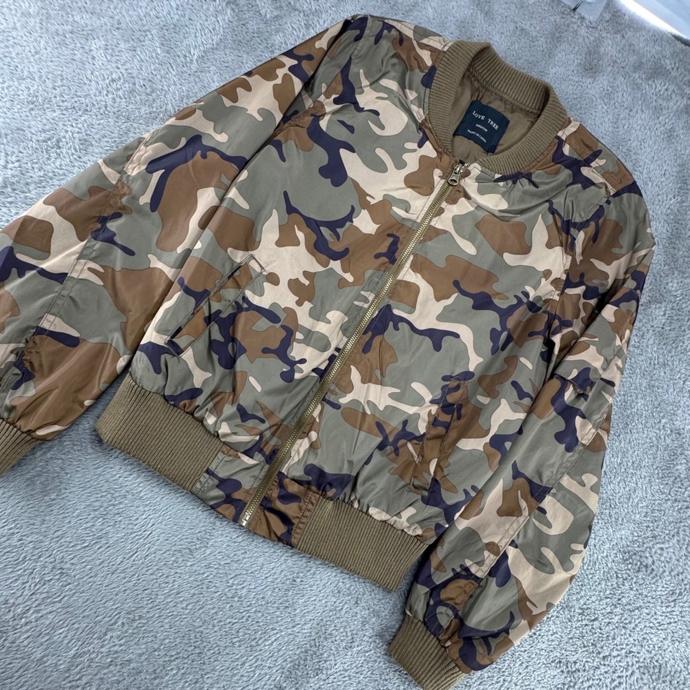 Love Tree Bomber Jacket Women Medium‎ Green Camo Excellent Zip Utility Pocket